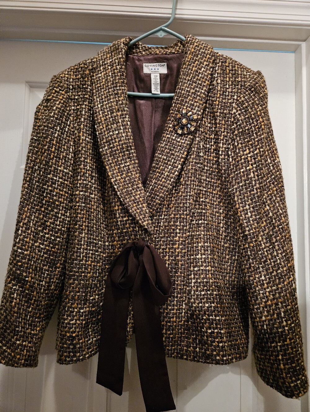 Covington Brown Multi-Tone Tweed Bow-Front Blazer